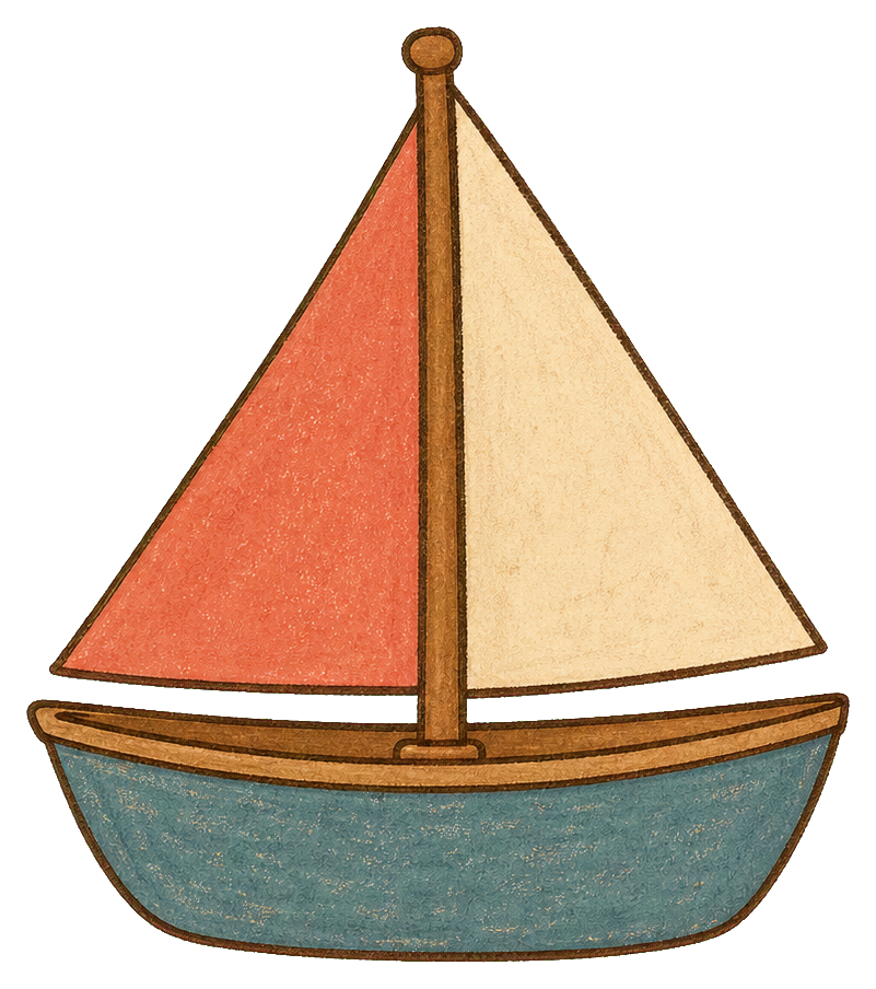 Tiny sailboat with coral and cream sails and a blue hull