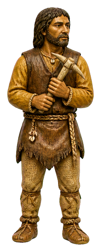 Full-body prehistoric man holding stone tools and wearing fur clothing