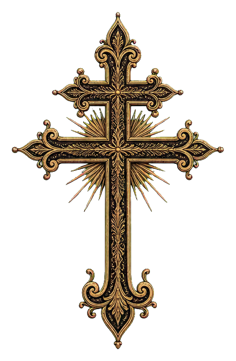 Ornamental patriarchal cross with gold decorative detailing on a transparent background