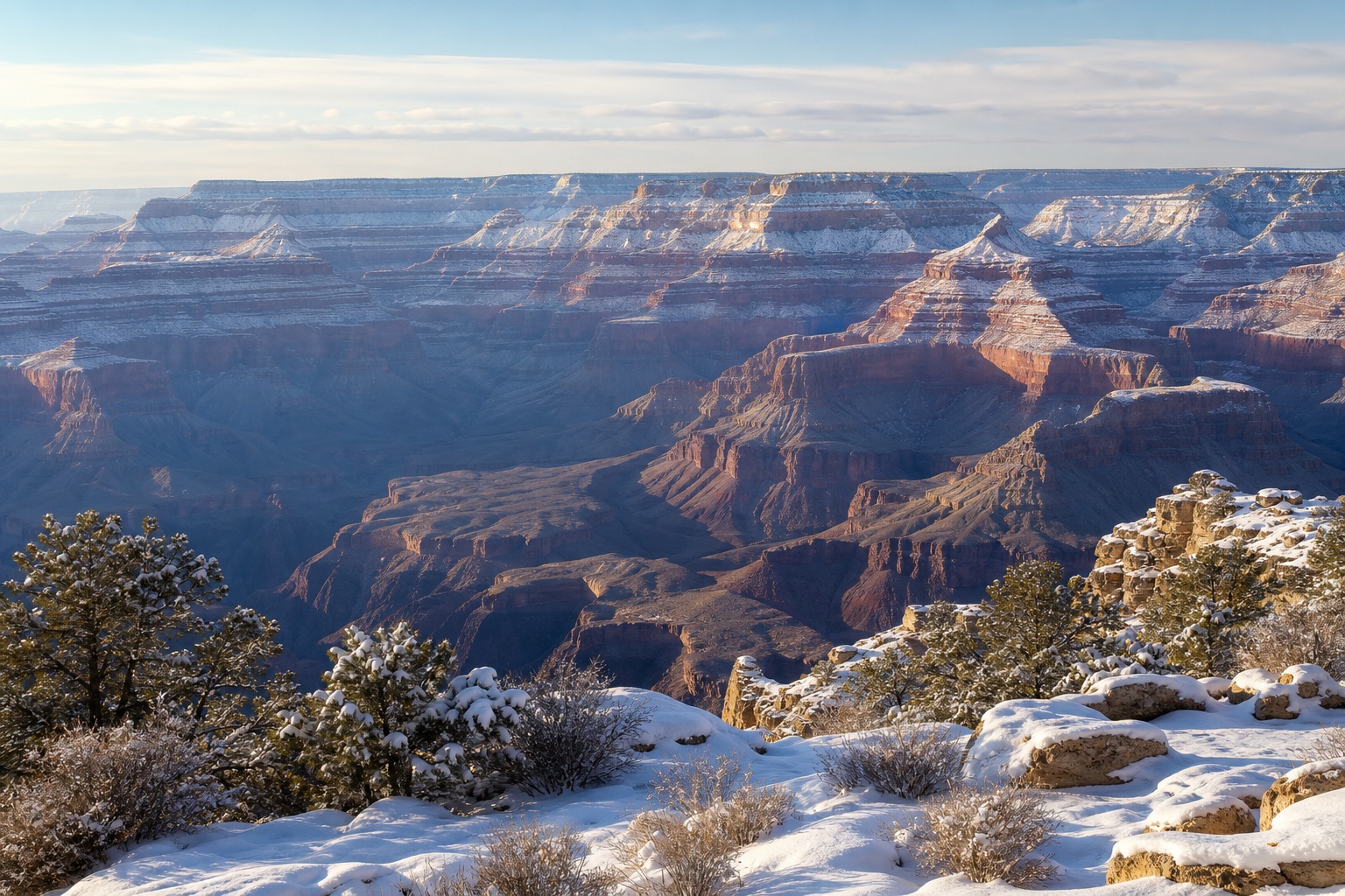 Snow-dusted Grand Canyon overlook with layered sandstone cliffs at sunrise