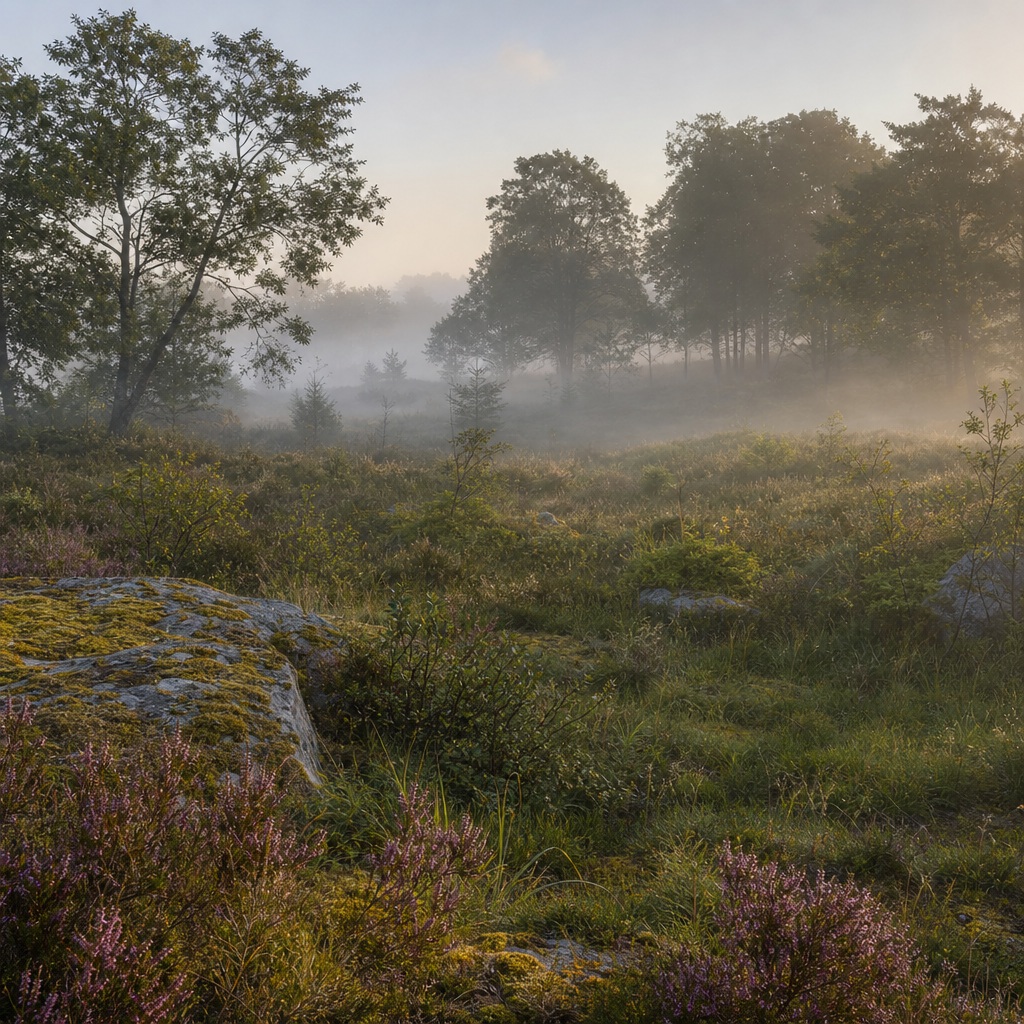 Misty forest clearing with low fog, trees, and wild vegetation at sunrise.