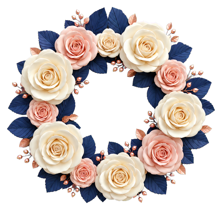 Circular wreath of pink and white roses with green leaves