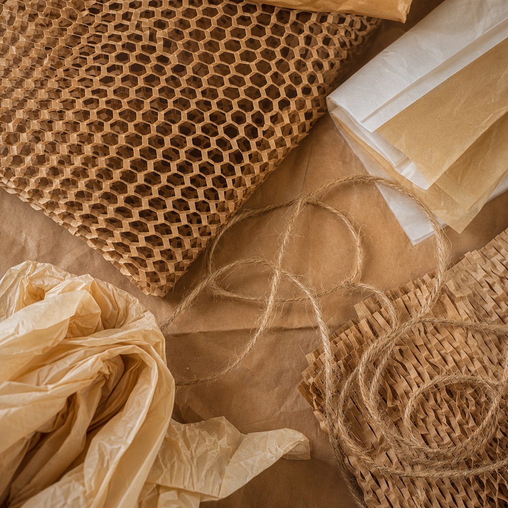 Packing supplies with tissue paper, twine, and mailers on a brown surface.