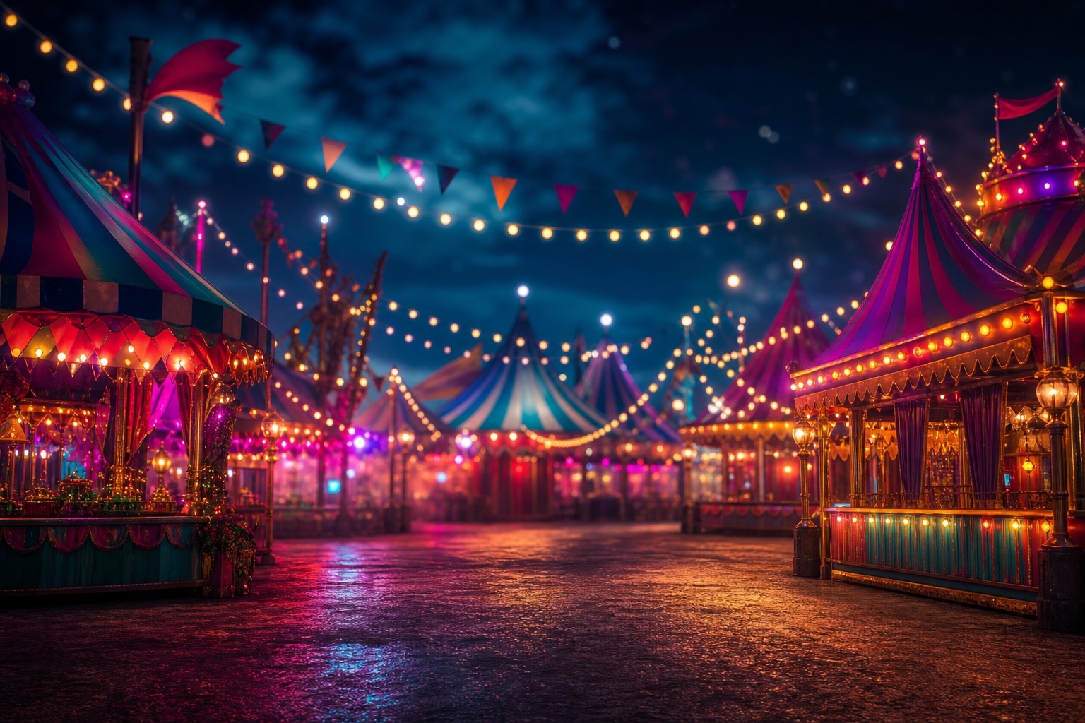 Colorful circus carnival midway at night with glowing lights and bokeh