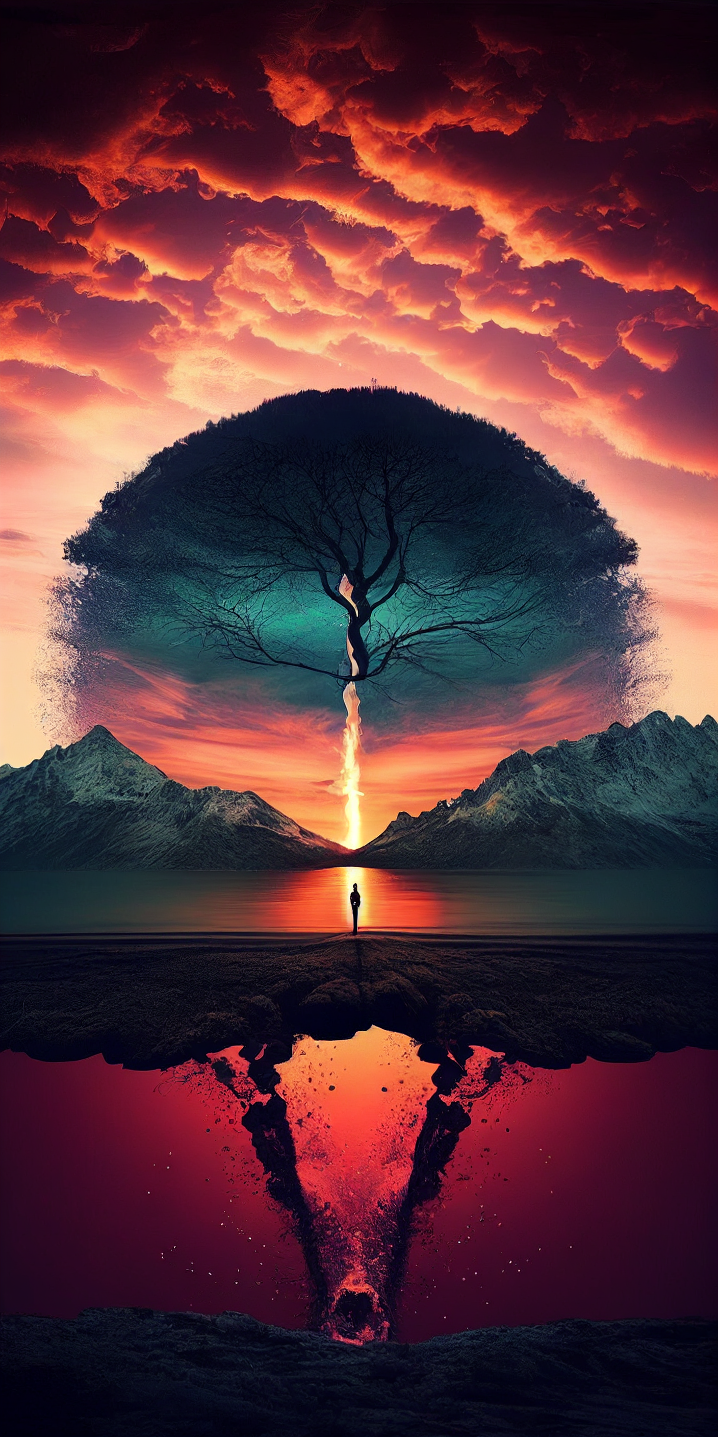 Preview for Surreal-landscape-tree-mountains-ai-phone-background-139d5