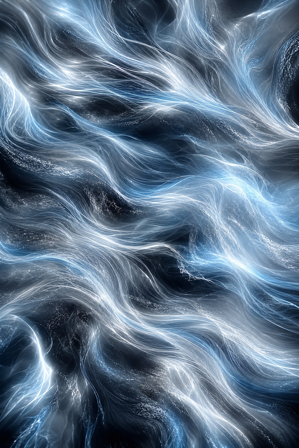 Flowing blue and white light trails on a dark abstract background