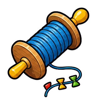 Blue kite spool with yellow handles and a loose kite string with small bows