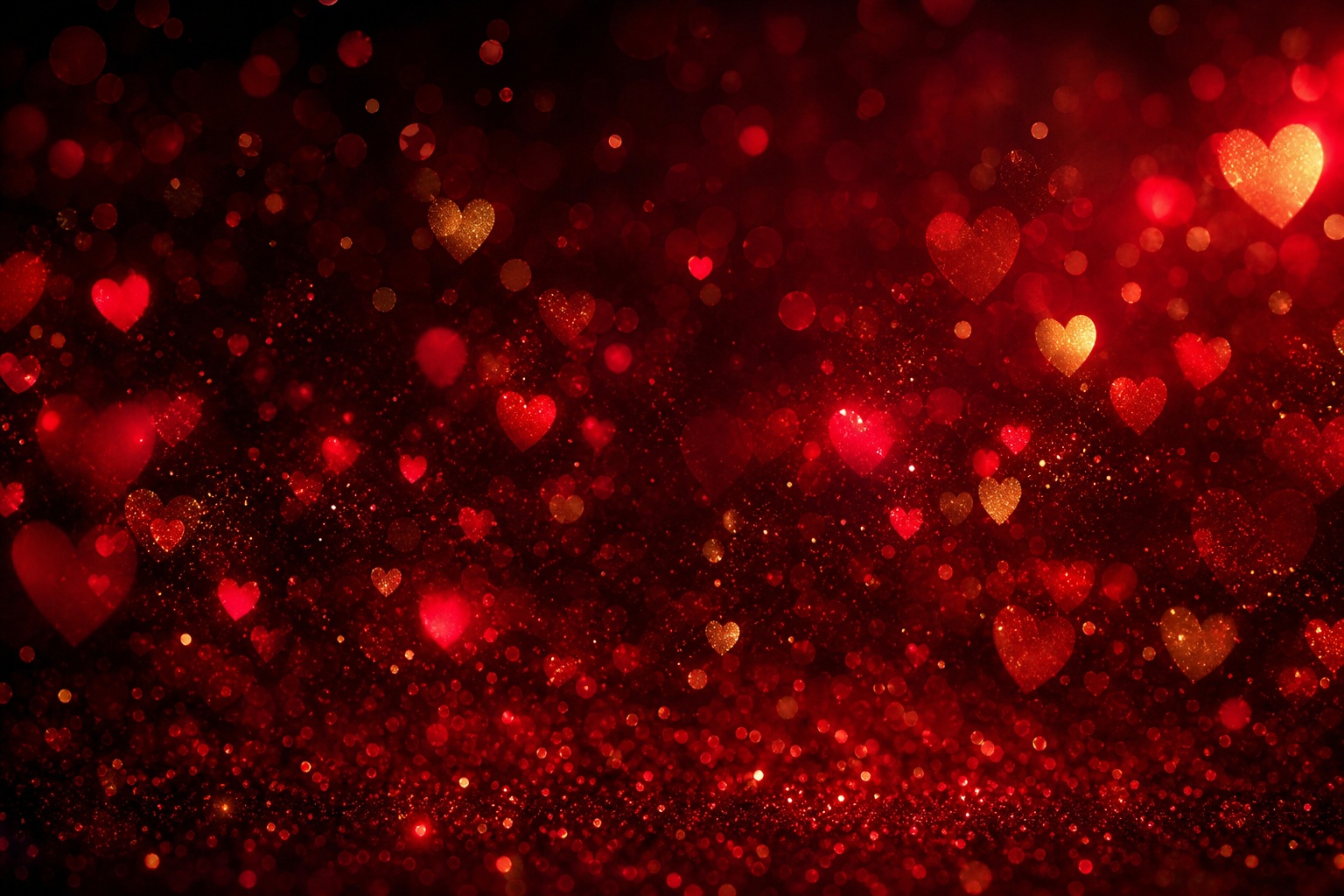 Red and pink heart-shaped bokeh lights glowing on a dark background