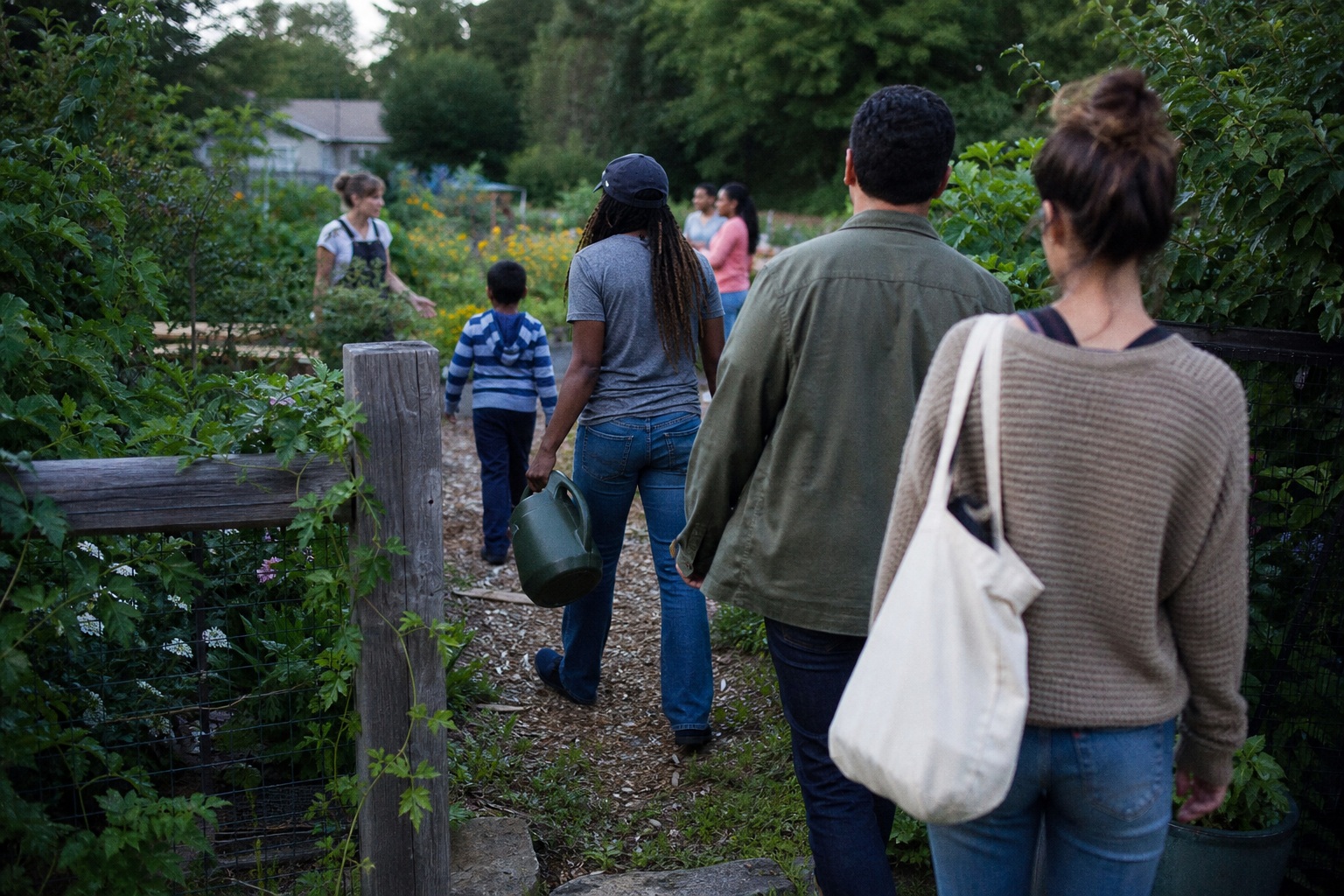 People walking through a garden gate along a narrow path in a community garden.