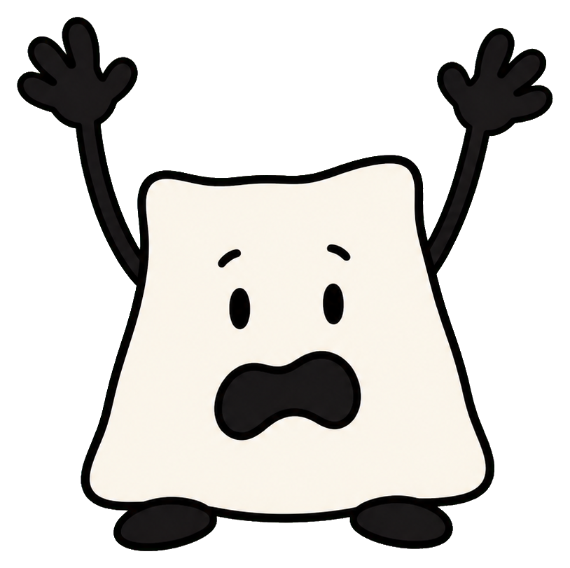 White square cartoon character with raised black arms and a panicked open mouth.