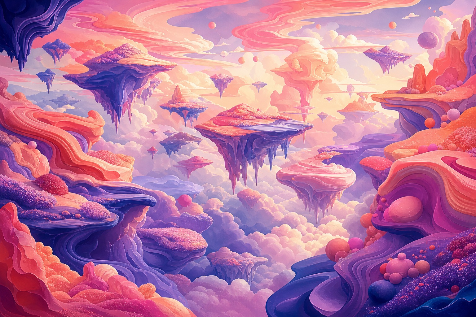 Colorful surreal sky with floating islands, pink clouds, and a dreamy dusk landscape.