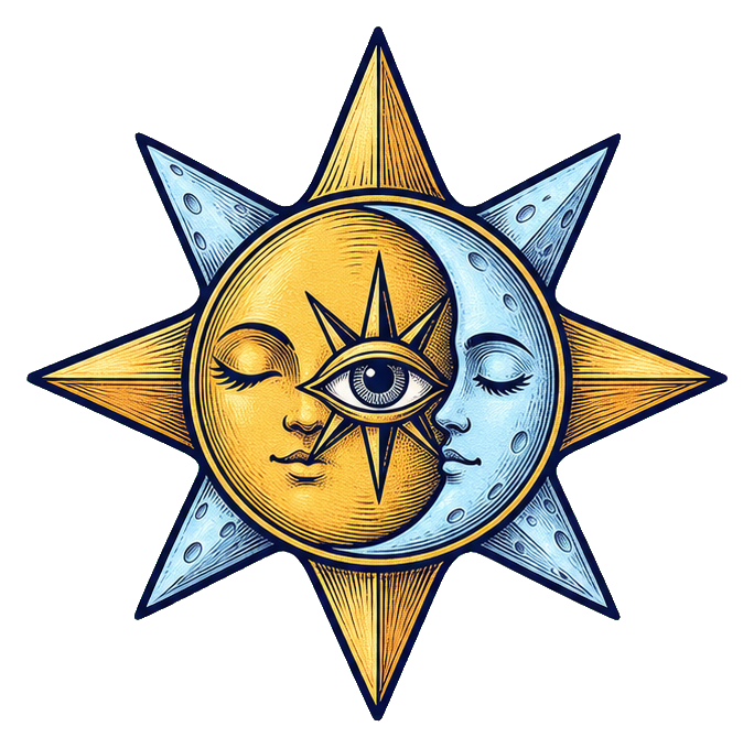 Golden starburst talisman with a moon face and an eye in the center