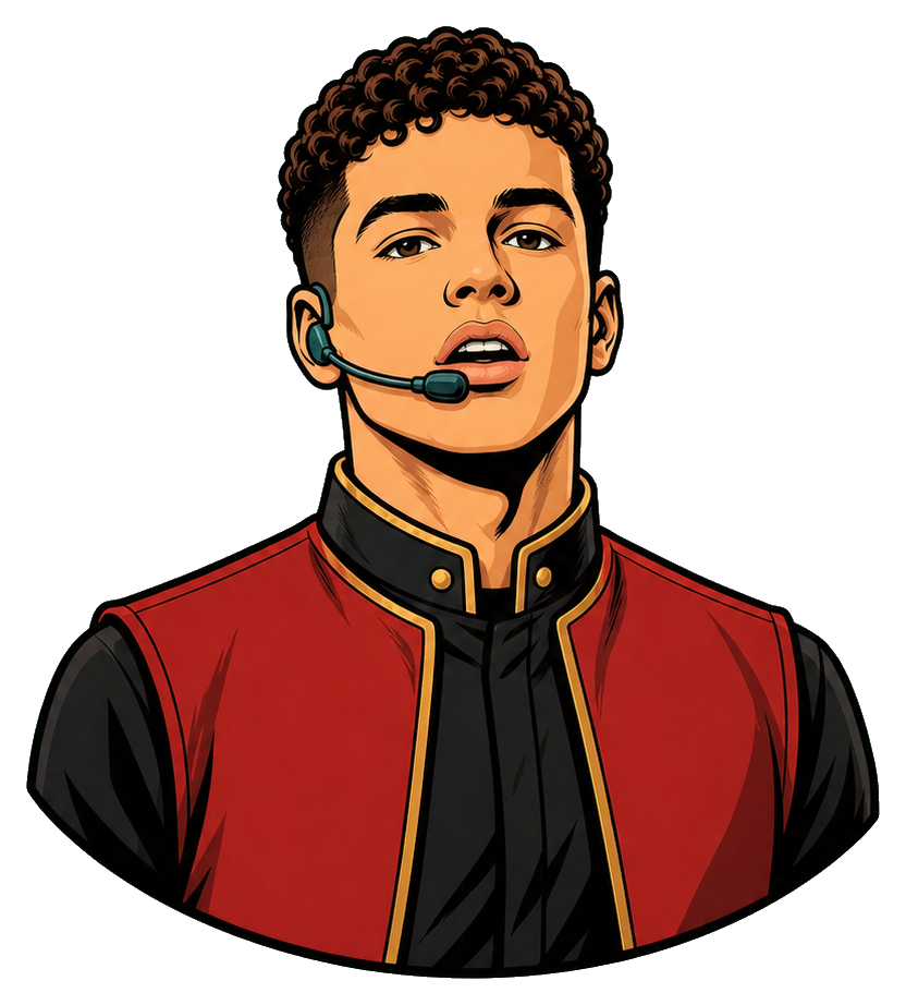 Illustration of a young singer with gold spiral curls wearing a headset microphone and red jacket