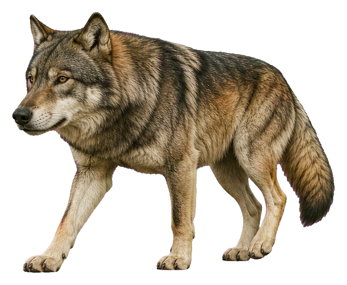 Realistic dire wolf standing in profile with brown-gray fur and a bushy tail.