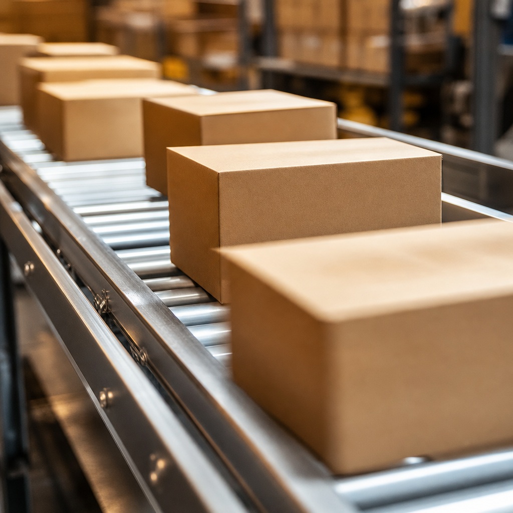 Cardboard boxes moving along a blurred warehouse conveyor belt