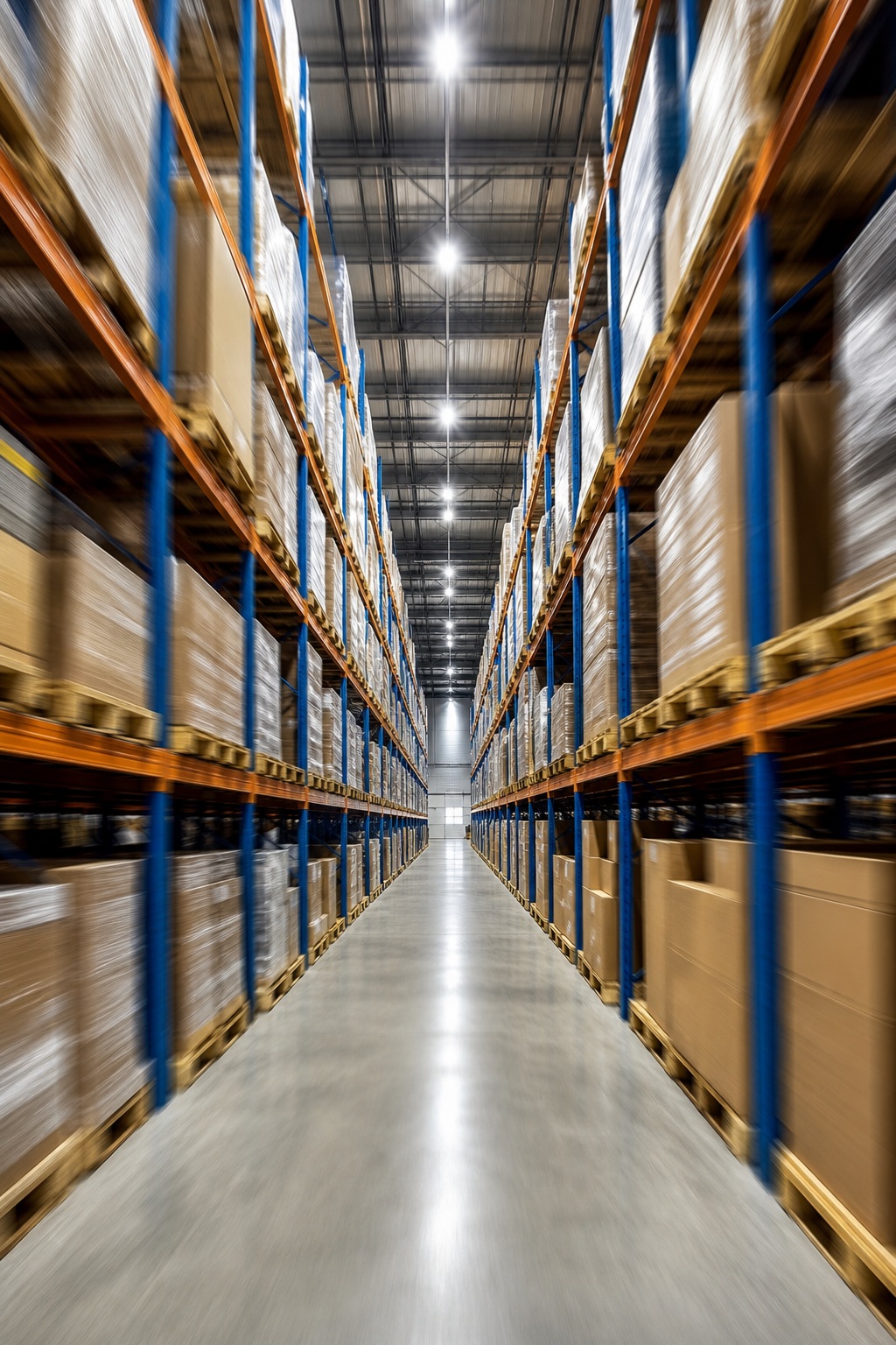 Blurred warehouse aisle with tall storage racks and bright overhead lights