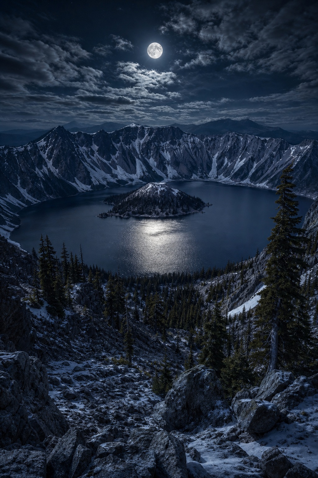 Moonlit volcanic caldera lake surrounded by snowy mountains under a cloudy night sky.