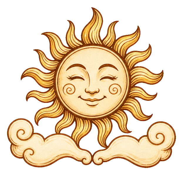Smiling sun with curled rays above soft clouds