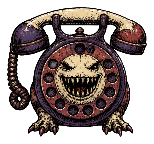 A grotesque telephone monster with a toothy face and clawed feet.