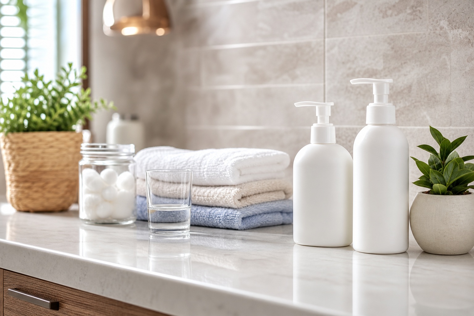 Clean clinic counter with folded towels, bottles, and small plants in a bright healthcare interior.