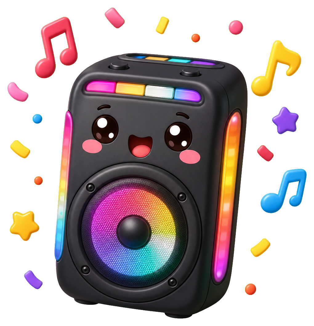 Cute colorful speaker with music notes and stars around it