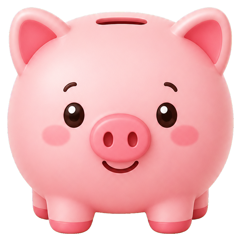 Cute pink piggy bank with a smiling kawaii face and rosy cheeks