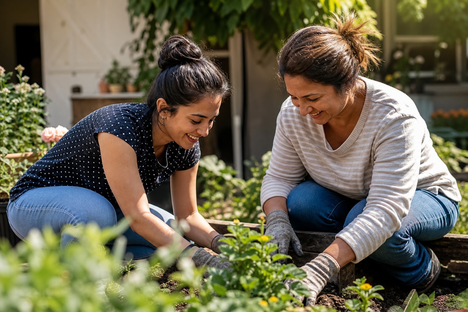 Two women kneeling in a backyard garden while tending plants together.
