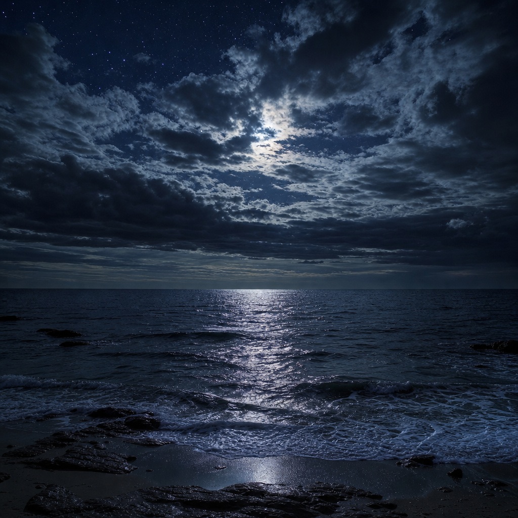 Moonlight reflecting across a dark ocean under dramatic clouds at night
