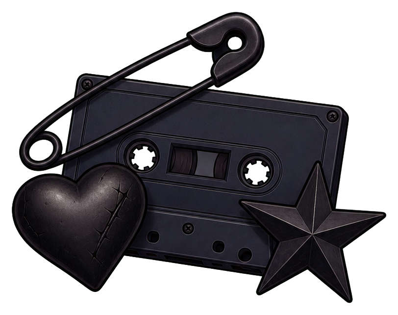 Black cassette tape sticker with a heart, star, and safety pin accents