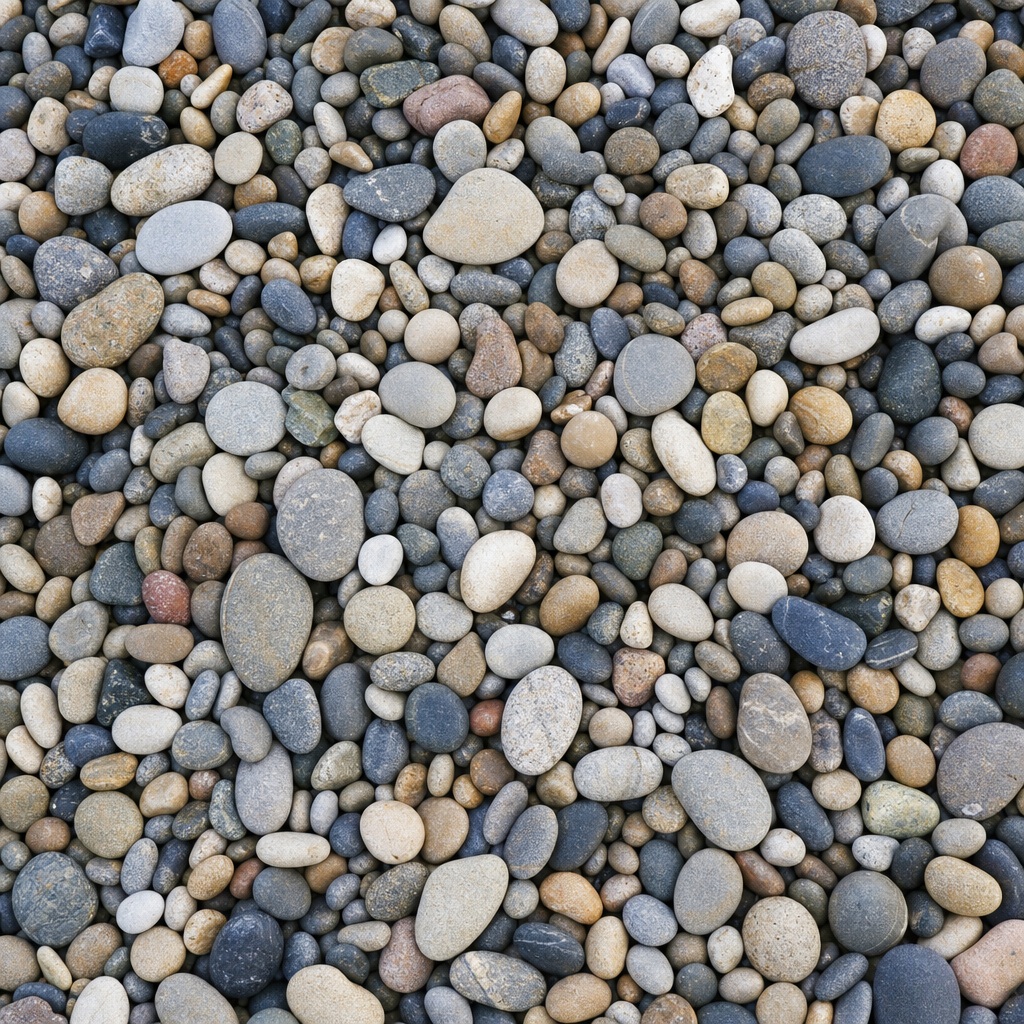 Rounded pebbles in mixed gray, beige, and brown tones forming a natural stone surface