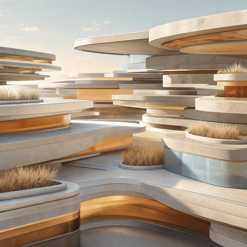 Layered futuristic architecture with curved platforms in warm amber and cream tones