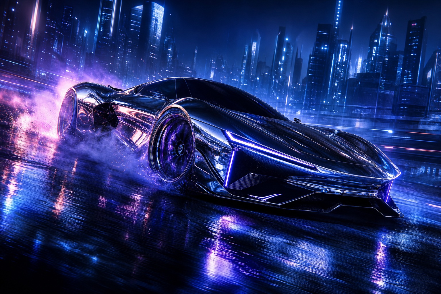 Futuristic chrome concept car speeding through a neon-lit city at night.