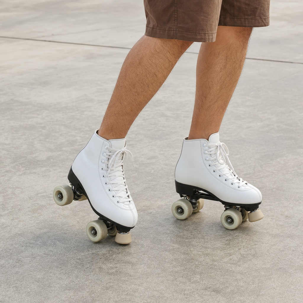 Close-up of a person wearing white quad roller skates on a concrete surface.
