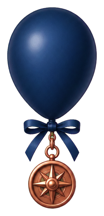 Dark blue balloon with a ribbon and bronze compass medallion hanging below