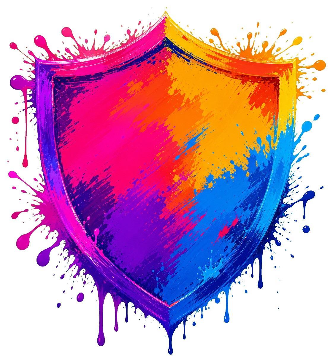 Colorful painted shield with pink, orange, blue, and purple brush strokes