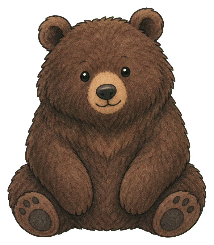 Cute brown cave bear sitting with paws forward in a kawaii style.