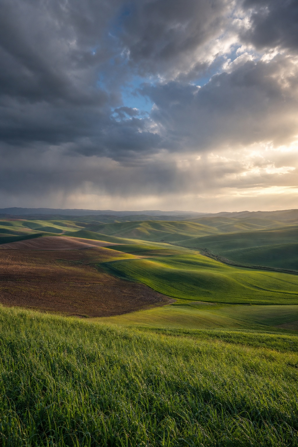 Rolling green farm hills under dramatic clouds as a storm clears over the countryside.