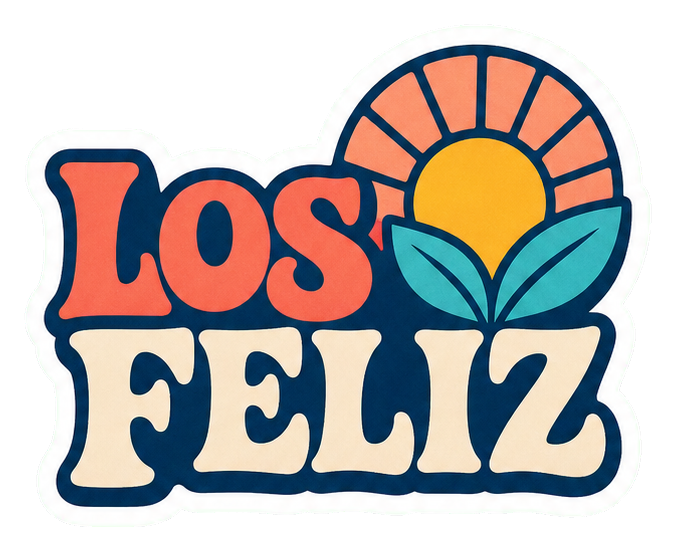 Retro Los Feliz word sticker with a sun and leaf illustration.