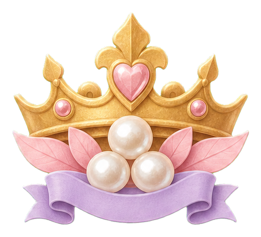 Gold crown with pink heart gem, pearls, ribbon, and royal decoration.