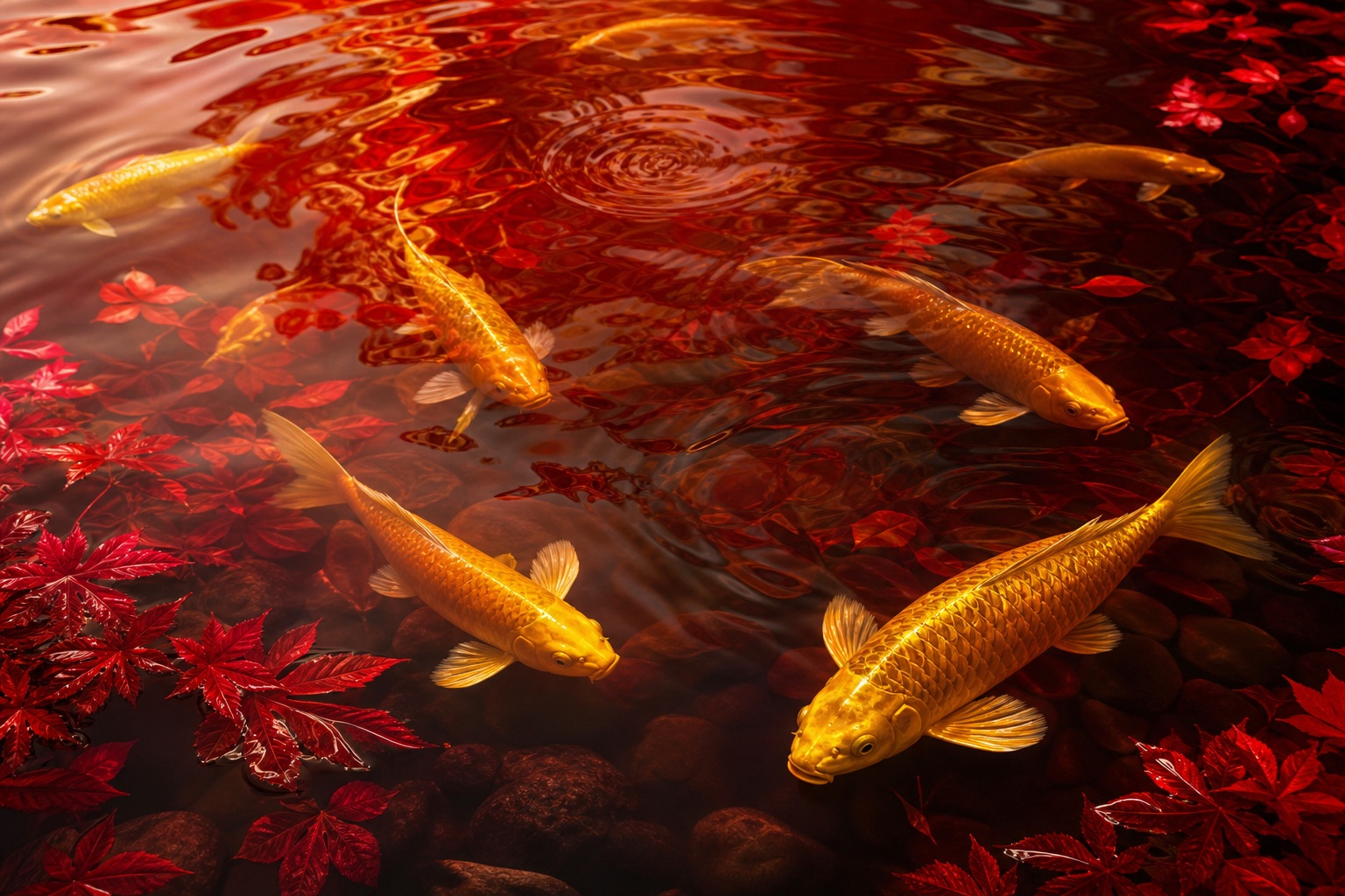 Gold koi fish swimming in a red abstract pond with festive floral accents