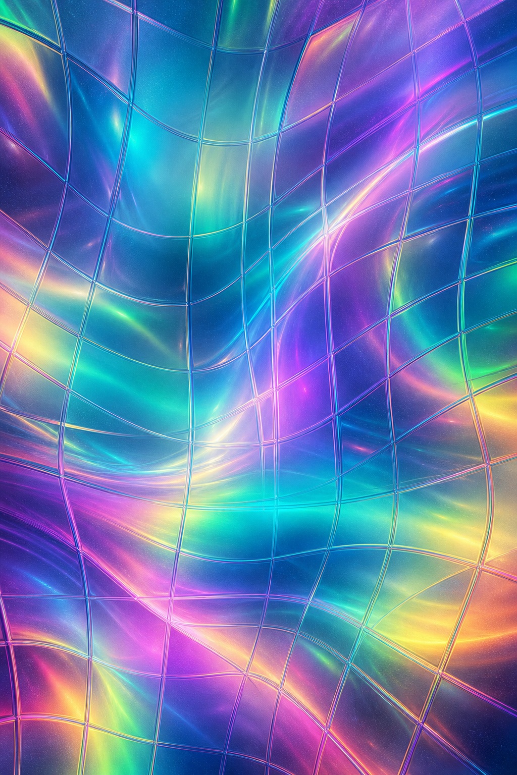 Colorful holographic mesh gradient with flowing iridescent lines and soft glowing light