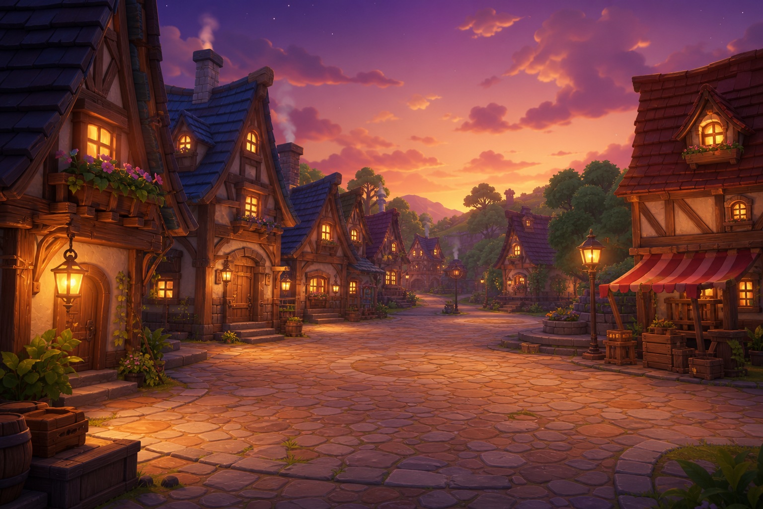 Lantern-lit fantasy village street with cottages and warm sunset light