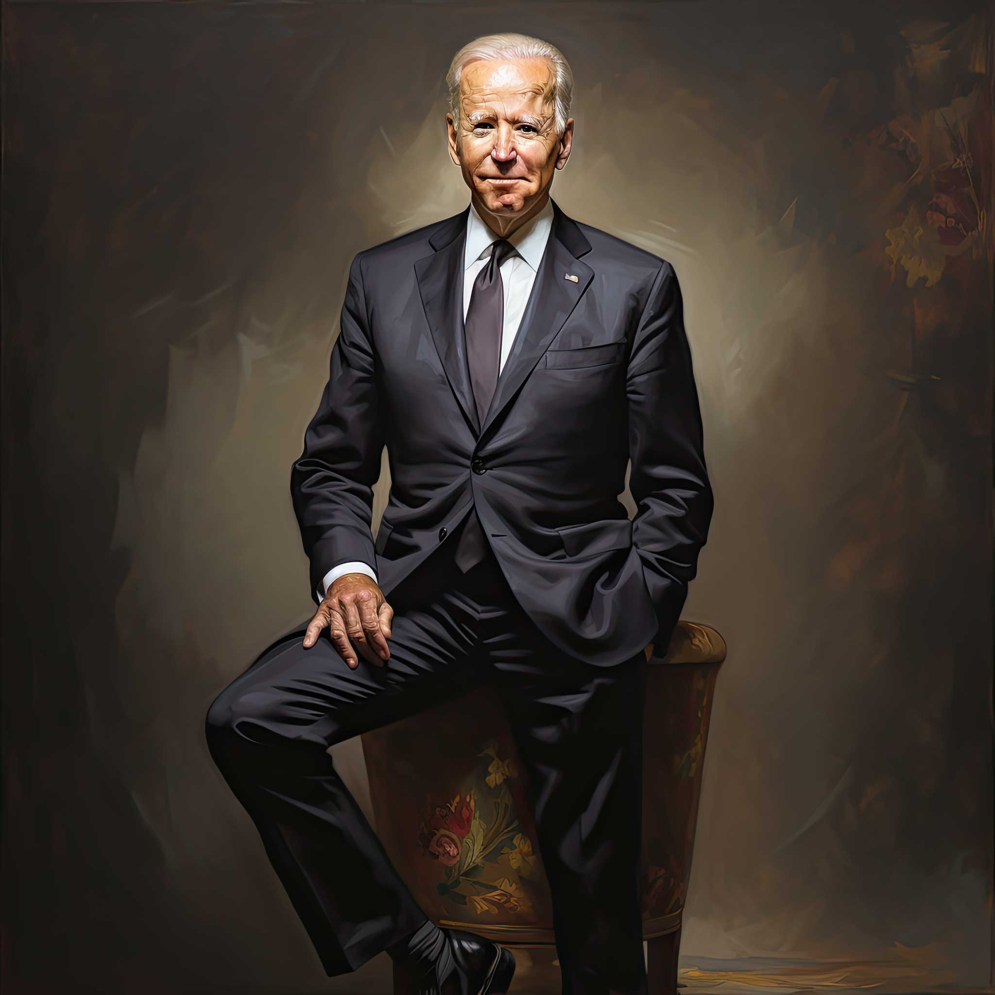 Formal portrait of Joe Biden seated in a dark suit against a moody background.