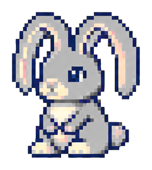 Pixel art violet rabbit with long ears sitting and holding a small blue object