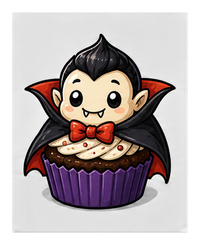 Cute vampire cupcake with black cape, red bow tie, and purple wrapper on a dark background.