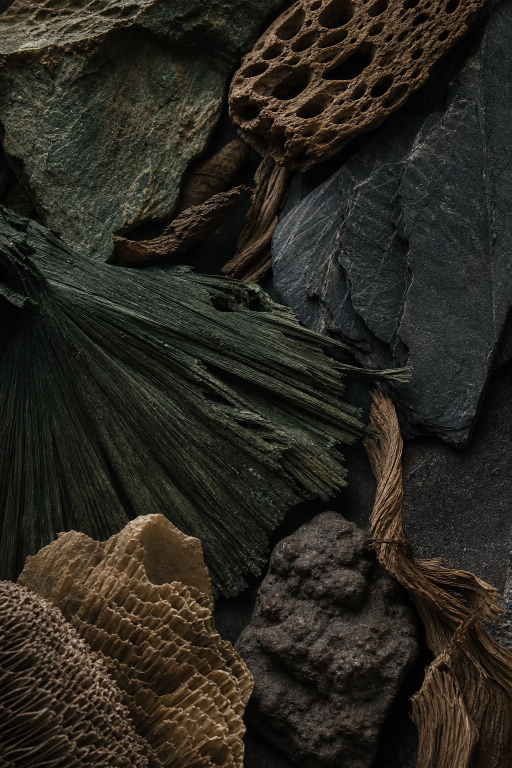 Dark organic still life arrangement with woven fibers, rough mineral shapes, and dried natural textures