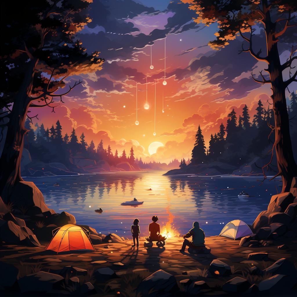 Camping tents and people by a lake at sunset with forest and mountains in the distance.