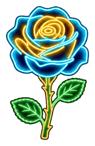 Glowing neon rose with cyan outline, gold petals, and green leaves