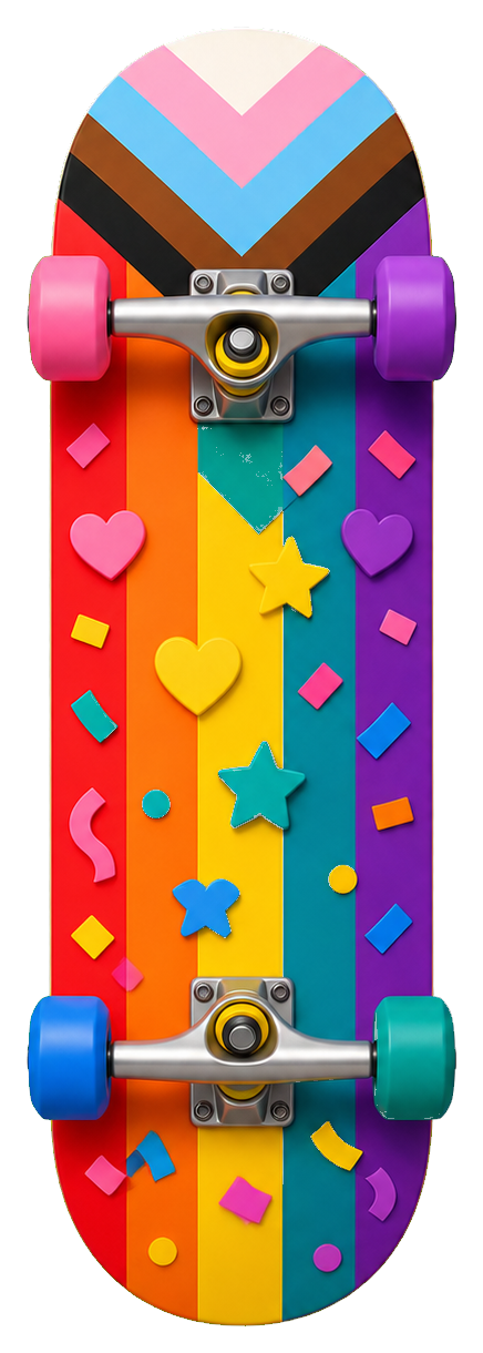 Rainbow skateboard-style sticker with hearts, stars, and confetti shapes.