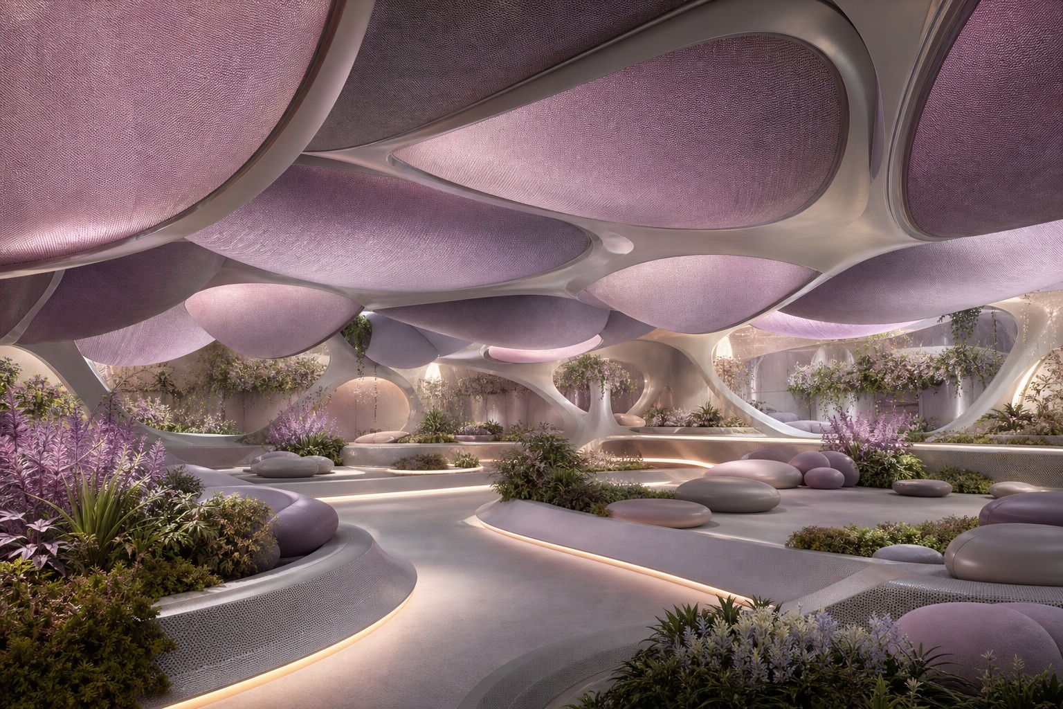 Futuristic orbital habitat interior with soft orchid canopy and curved pathways
